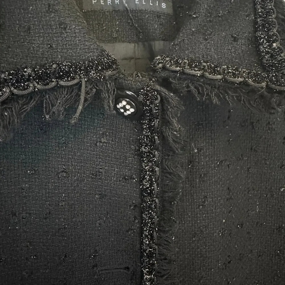 PERRY ELLIS Wool Blend Long Winter Dress Coat Black Tweed Silver Fleck Women's 8 - Picture 5 of 11